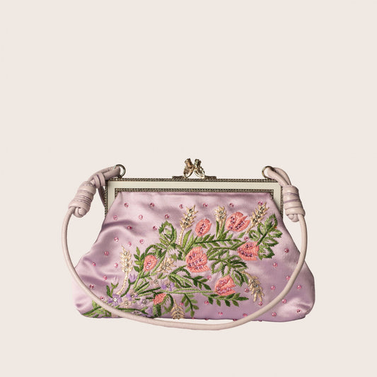 Valentino Embroidered Floral Satin Clutch with Crystal Kiss-Lock and Bird Detail