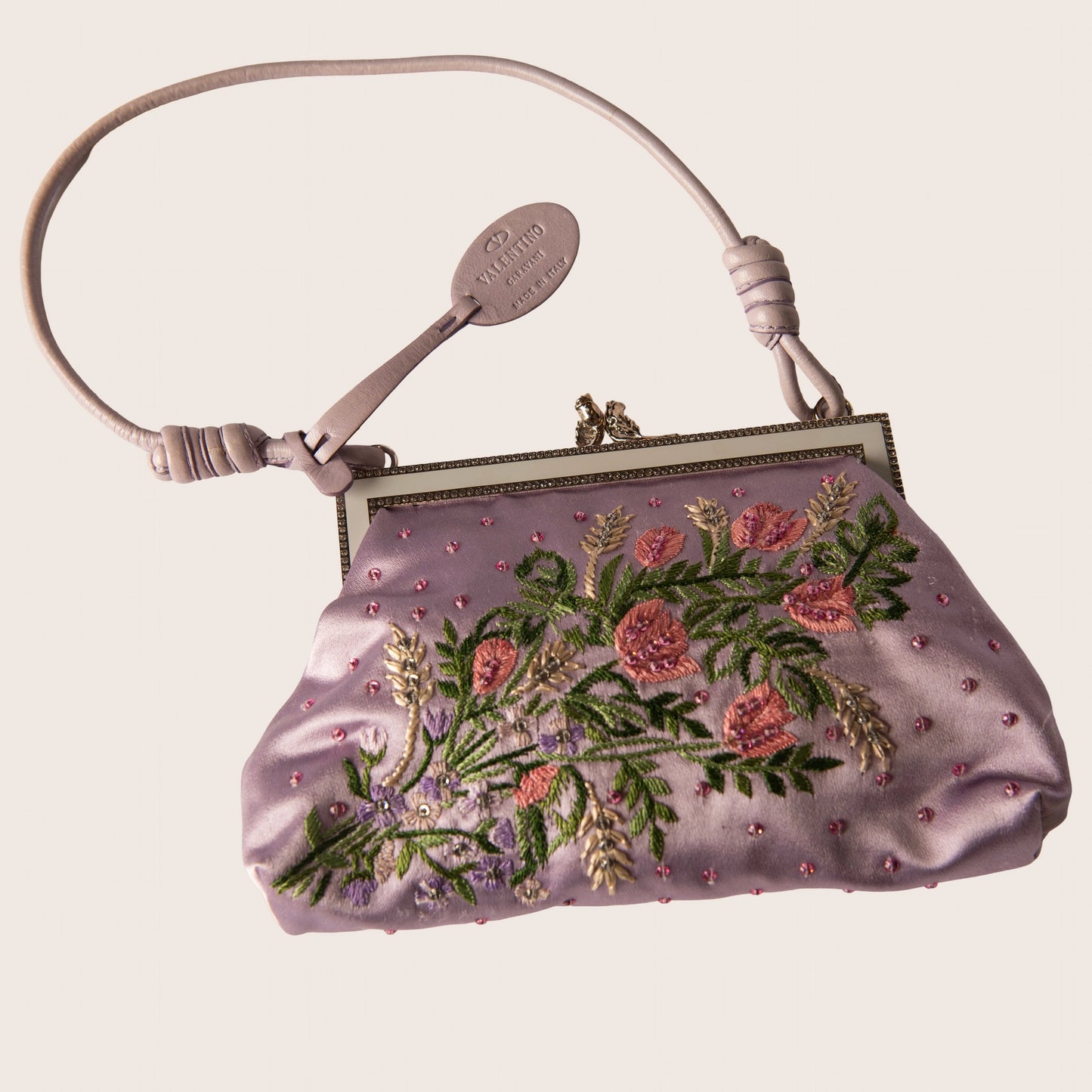 Valentino Embroidered Floral Satin Clutch with Crystal Kiss-Lock and Bird Detail
