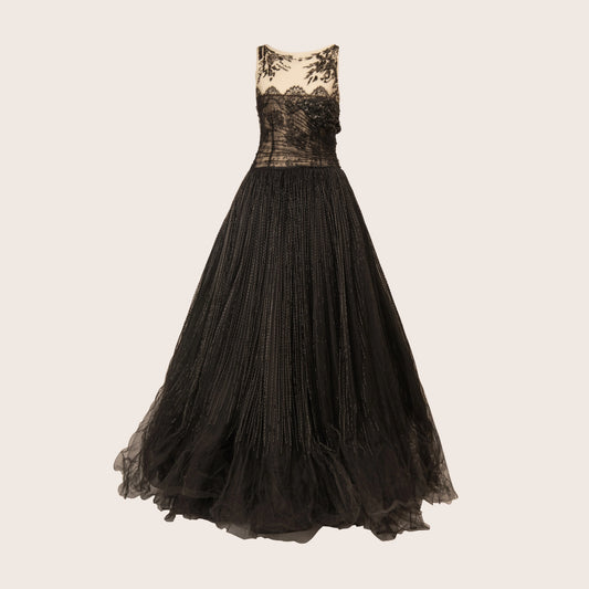 Valentino Black Evening Gown with Lace Detailing