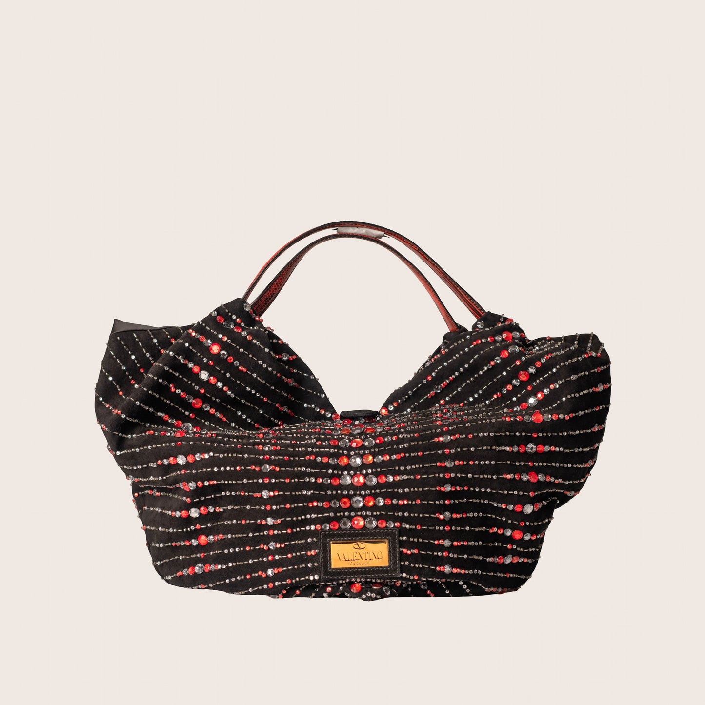 Valentino Black Suede Rhinestone Beaded Bow Tote