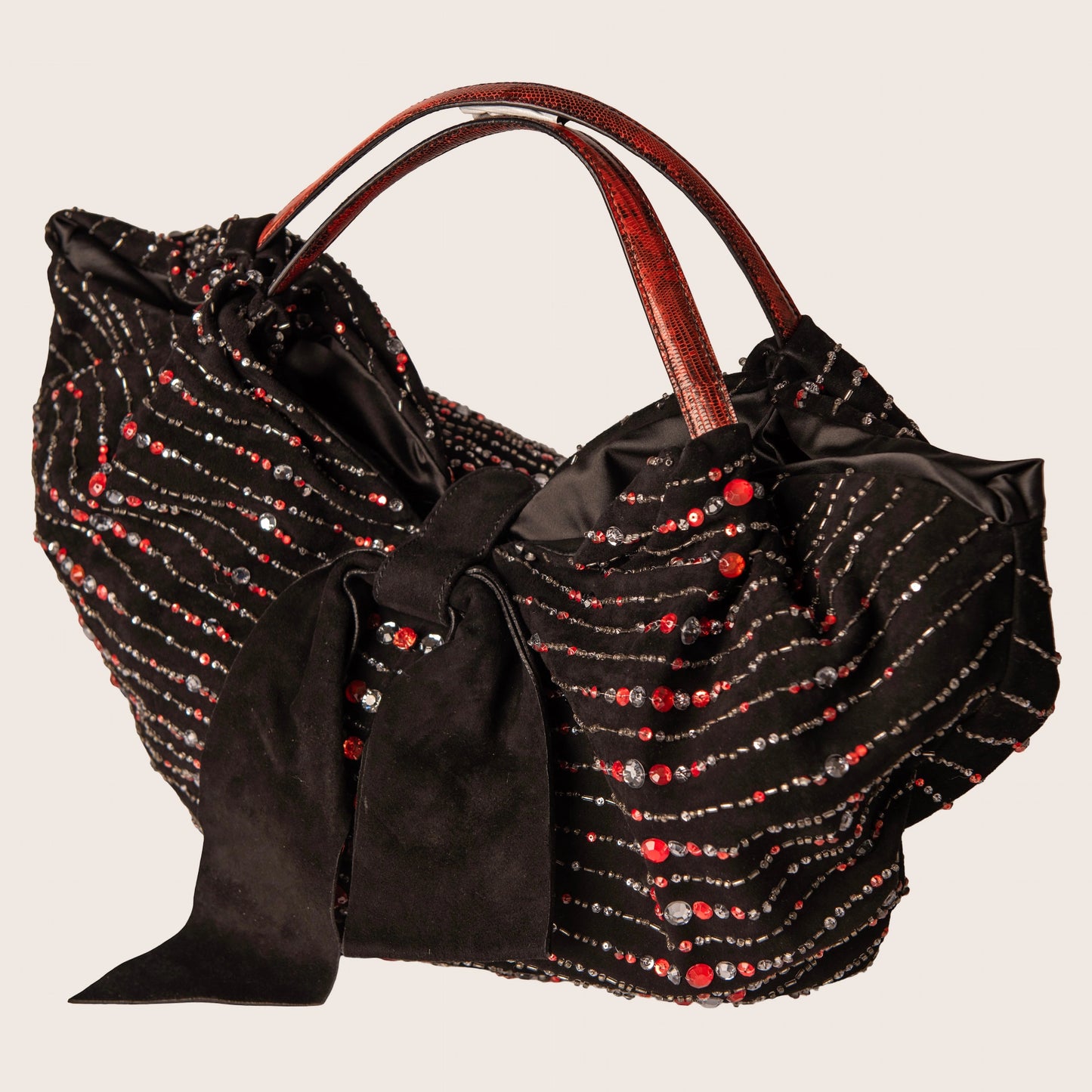 Valentino Black Suede Rhinestone Beaded Bow Tote