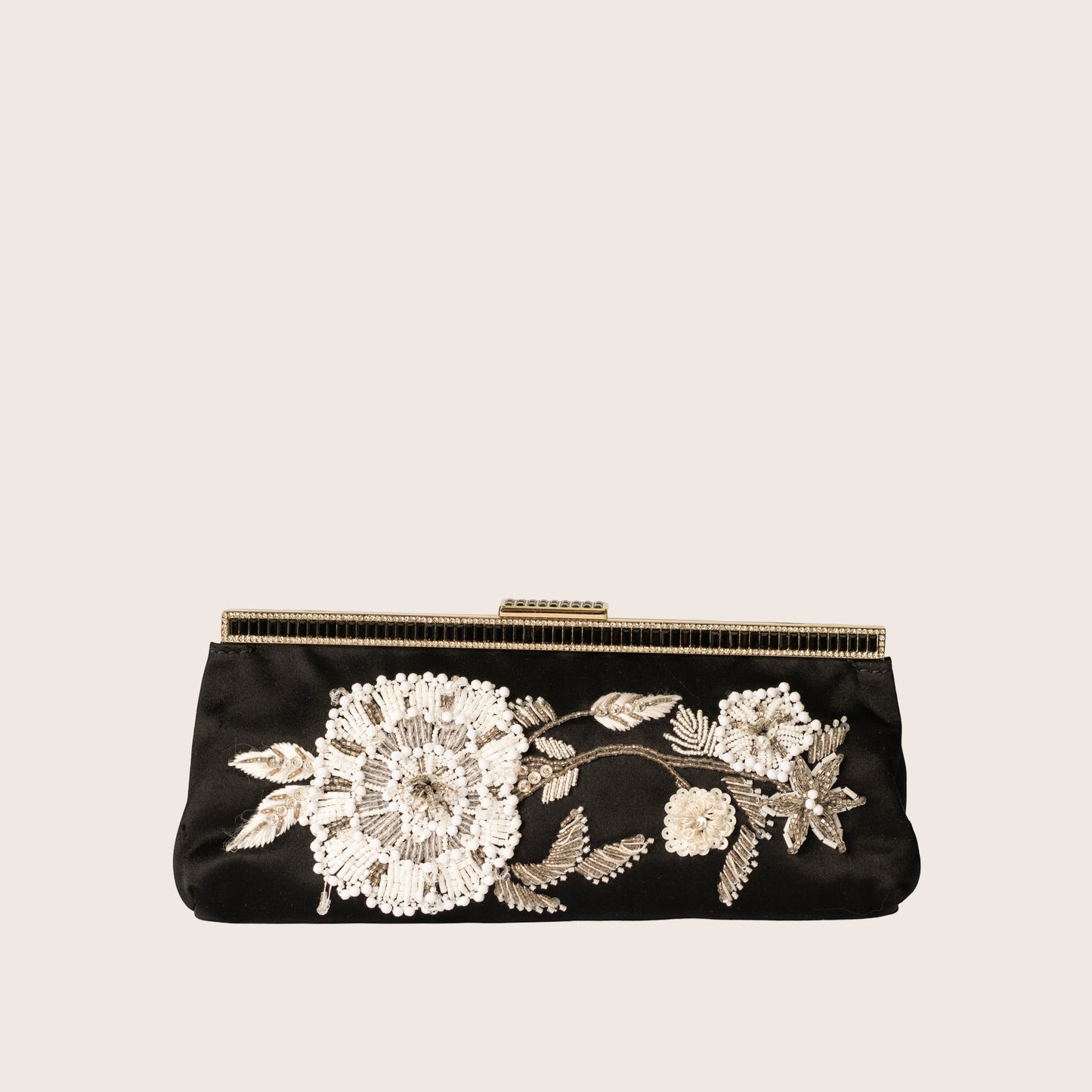 Valentino Black Satin Clutch with White Beaded Floral Embroidery