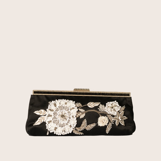 Valentino Black Satin Clutch with White Beaded Floral Embroidery