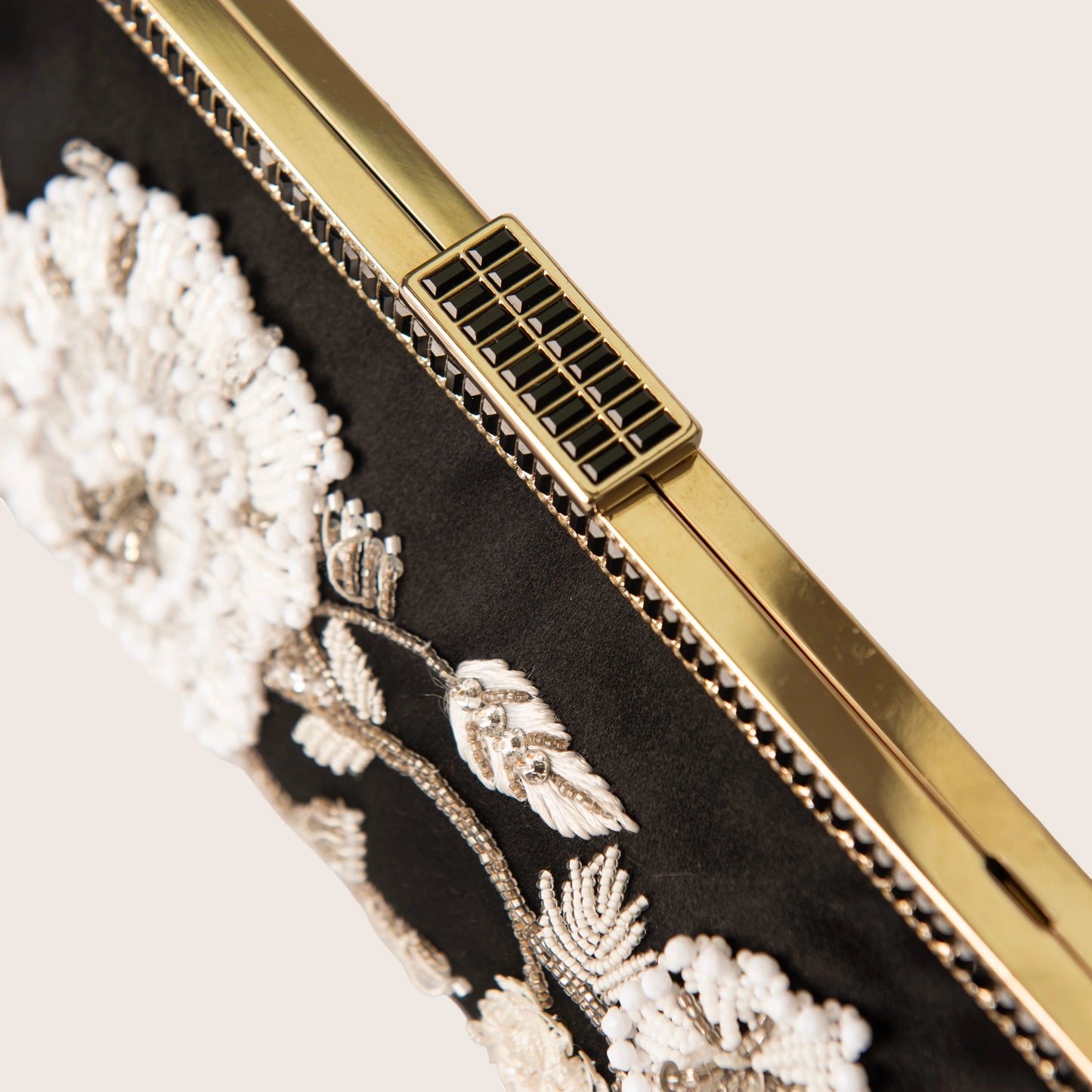 Valentino Black Satin Clutch with White Beaded Floral Embroidery