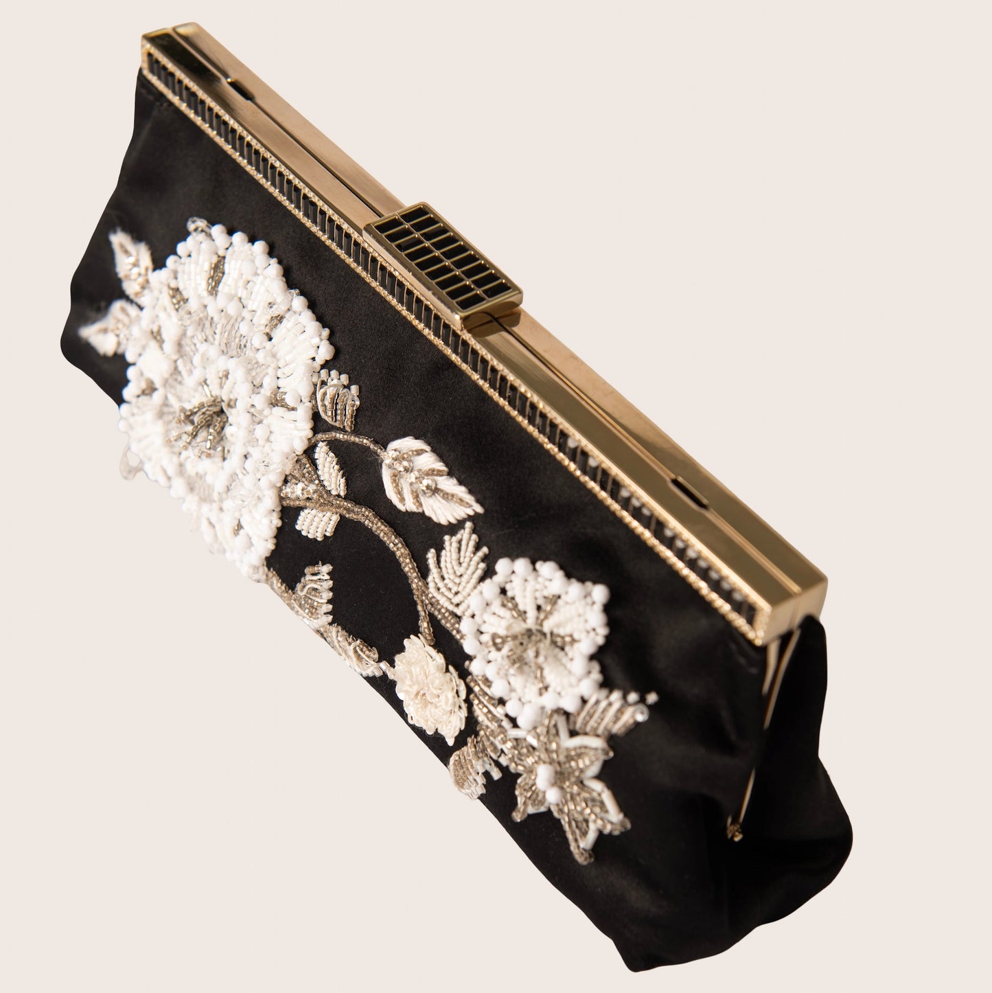 Valentino Black Satin Clutch with White Beaded Floral Embroidery