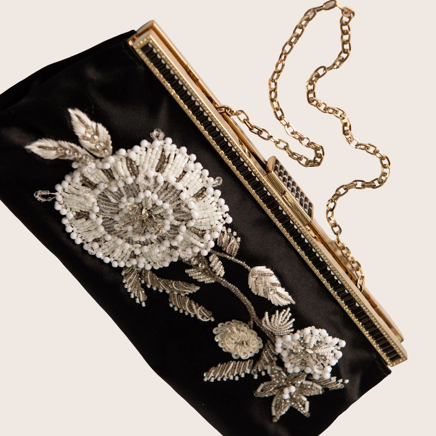 Valentino Black Satin Clutch with White Beaded Floral Embroidery