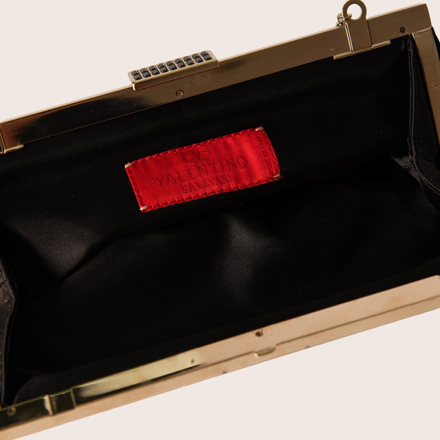 Valentino Black Satin Clutch with White Beaded Floral Embroidery