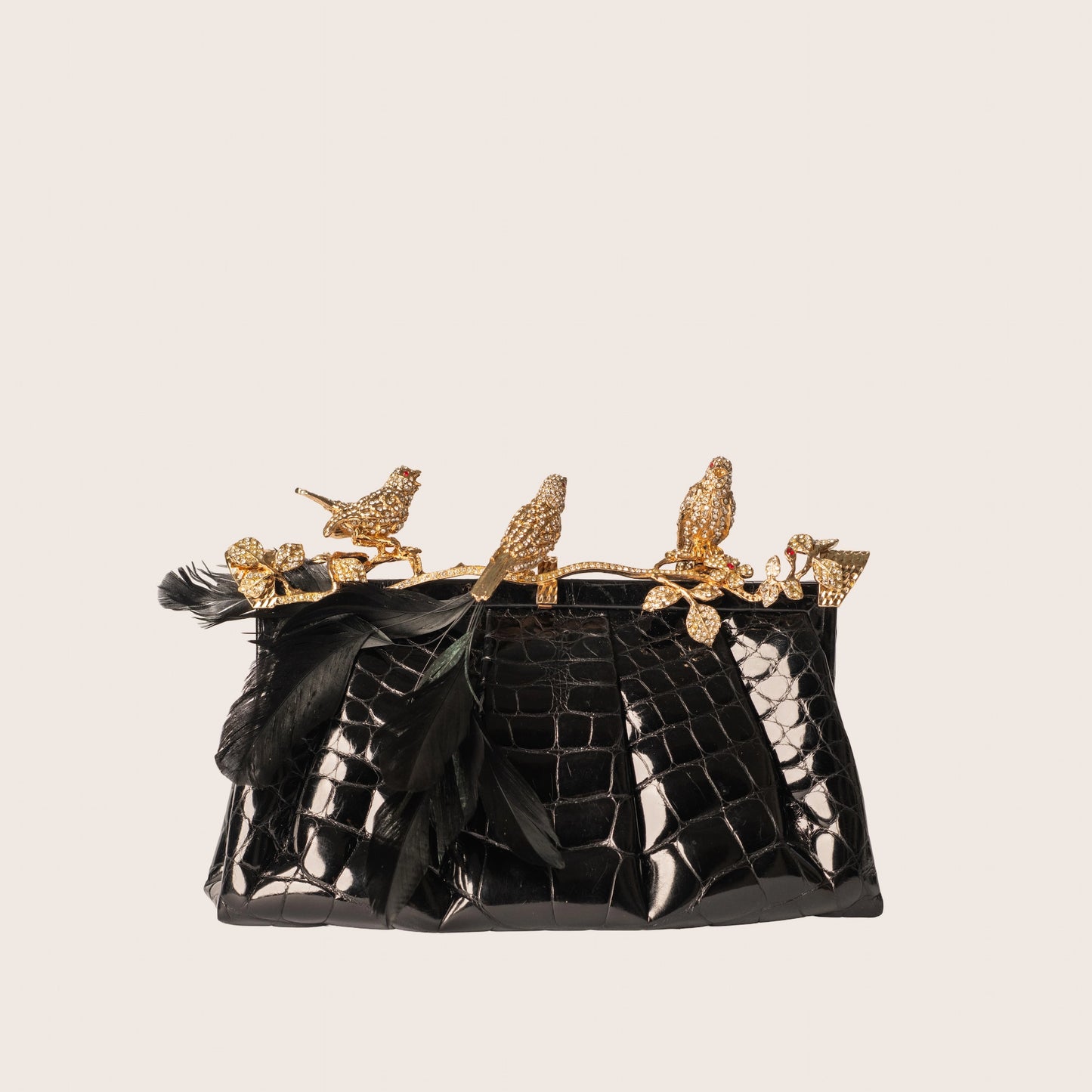 Valentino Black Crocodile Clutch with Crystal Bird Clasp