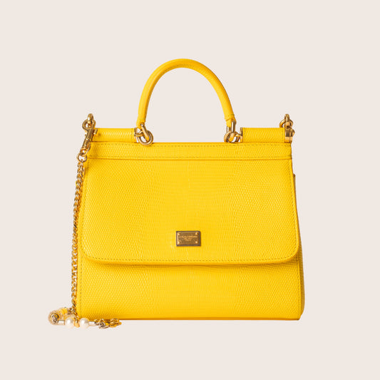 Dolce & Gabbana Miss Sicily Satchel in Yellow Lizard-Embossed Leather