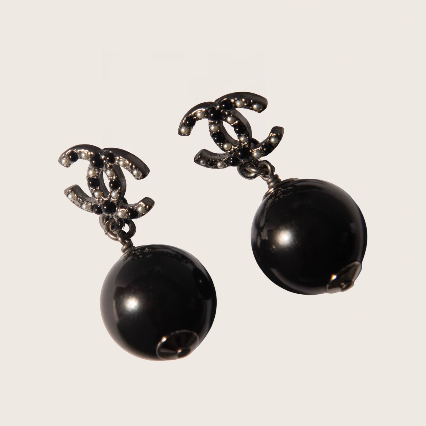 Chanel Black CC Pearl Drop Earrings